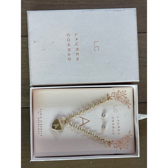 Lauren Conrad Cubic Zirconia Heart Necklace & Earrings A Initial Gold Tone 16" - Picture 4 of 9